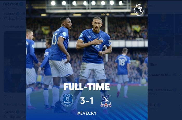 Everton menang 3-1 atas Crystal Palace pada pekan ke-26 Liga Inggris, Sabtu (8/2/2020) di Goodison Park.