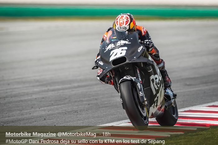 Pembalap Penguji Red Bull KTM, Dani Pedrosa, saat jalani sesi tes pramusim MotoGP 2020 di Sirkuit Sepang, Malaysia, Sabtu (8/2/2020)