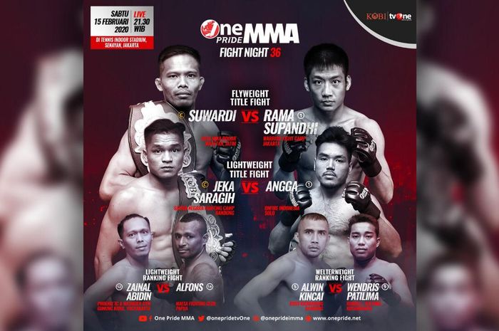 One Pride MMA Fight Night 36 akan hadir dengan 4 pertarungan Mixed Martial Arts terbaik langsung dari Tennis Indoor Senayan, Jakarta Pusat, Sabtu (15/2/2020).