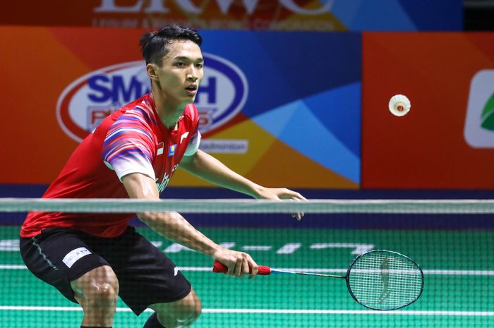 Tunggal putra, Jonatan Christie saat melawan Lanz Ralf Zafra (Filipina), pada Kejuaraan Beregu Asia2020, di Rizal Memorial Coliseum, Manilla, Filipina, Jumat (14/2/2020).