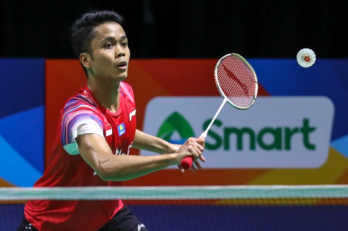 Tunggal putra, Anthony Sinisuka Ginting saat melawan Ros Leonard Pedrosa pada Kejuaraan Beregu Asia 2020, di Rizal Memorial Coliseum, Manilla, Filipina, Jumat (14/2/2020).