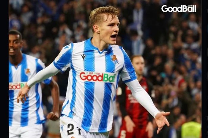 Martin Odegaard merayakan gol Real Sociedad ke gawang Mirandes dalam partai Copa del Rey di Anoeta, 13 Februari 2020.