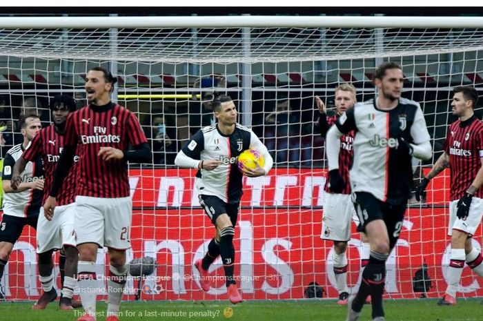 Cristiano Ronaldo mencetak gol penyelamat Juventus dari kekalahan kontra AC Milan dalam laga Coppa Italia di San Siro, 13 Februari 2020.