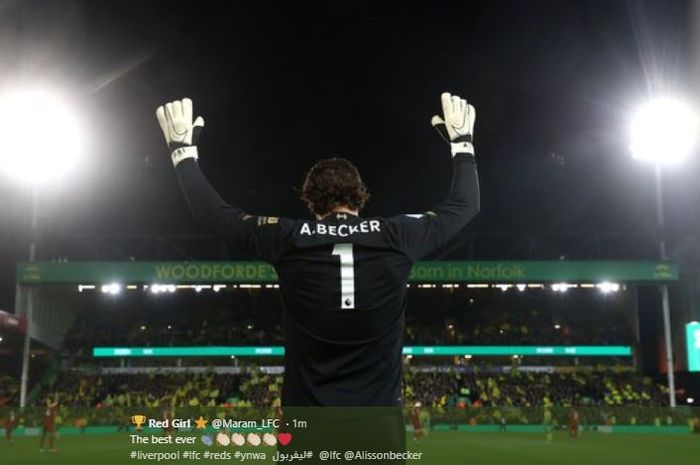 Alisson Becker pada laga Liverpool Vs Norwich di Carrow Road, pada laga pekan ke-26 Liga Inggris, Sabtu (15/2/2020).