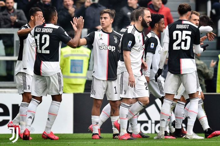 Selebrasi pemain Juventus saat lawan Brescia di Allianz Stadium, pada laga pekan ke-24 Liga Italia, Minggu (16/2/2020).