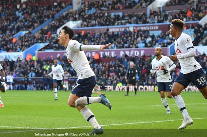 Penyerang Tottenham Hotspur, Son Heung-min, saat merayakan gol yang ia cetak ke gawang Aston Villa pada menit-menit akhir laga, di pekan ke-26 Liga Inggris 2019-2020, Minggu (16/2/2020)