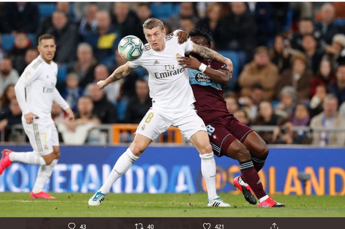 Gelandang Real Madrid, Toni Kroos, dalam laga melawan Celta Vigo pada pekan ke-24 Liga Spanyol, Minggu (16/2/2020) di Santiago Bernabeu.