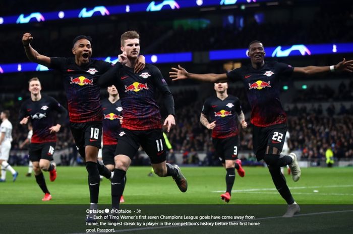 Penyerang RB Leipzig, Timo Werner, merayakan gol yang ia cetak ke gawang Totenham Hotspur.