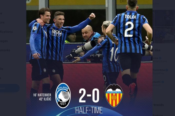 Atalanta unggul 2-0 atas Valencia di babak pertama laga leg pertama babak 16 besar Liga Champions, Rabu (19/2/2020) di Giuseppe Meazza.