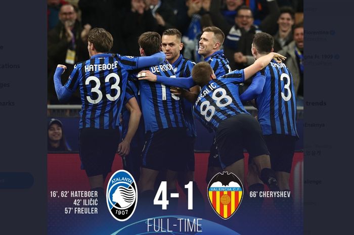 Atalanta mengalahkan Valencia 4-1 pada leg I babak 16 besar Liga Champions, Rabu (19/2/2020) di Giuseppe Meazza.