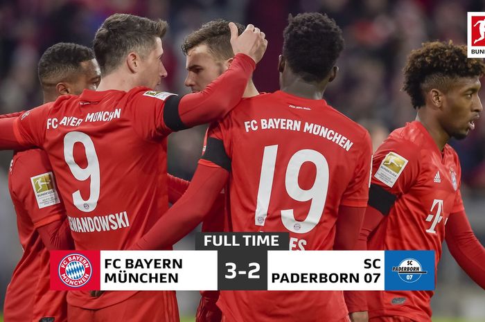 Bayern Muenchen menang tipis 3-2 atas Paderborn pada laga pekan ke-23 Bundesliga di Alianz Arena, Sabtu (22/2/2020). 