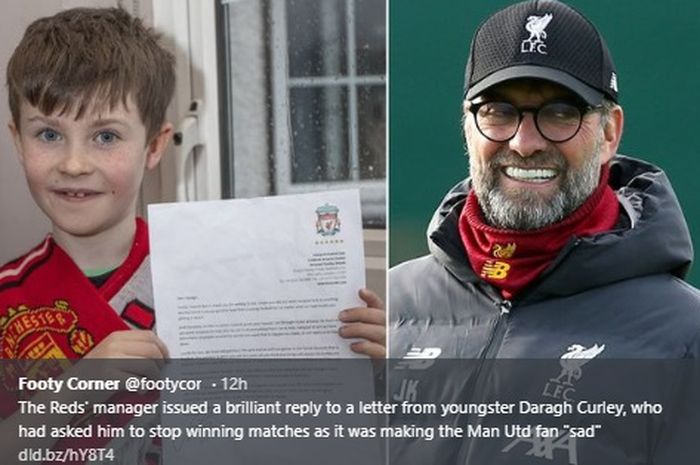 fans cilik Manchester United, Daragh Curley, mengirim surat ke pelatih Liverpool, Juergen Klopp