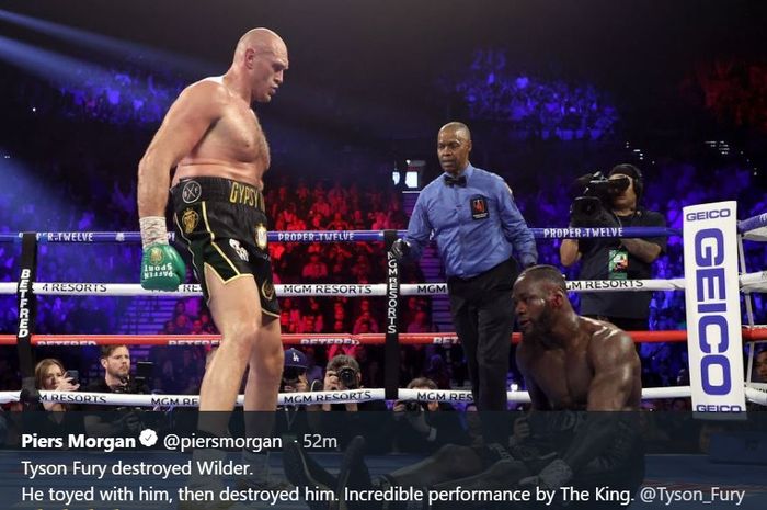 Aksi Tyson Fury saat menganvaskan Deontay Wilder, Minggu (23/2/2020