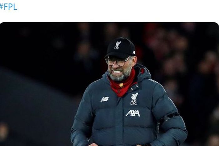 Ekspresi pelatih Liverpool, Juergen Klopp, seusai laga Liga Inggris kontra West Ham United di Stadion Anfield, Senin (24/2/2020).