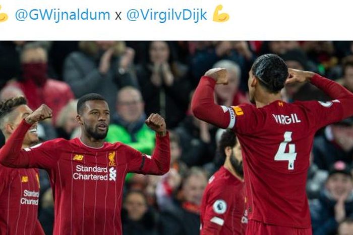 Gelandang Liverpool, Georginio Wijnaldum, merayakan golnya bersama Virgil van Dijk dalam laga Liga Inggris kontra West Ham United di Stadion Anfield, Senin (24/2/2020).