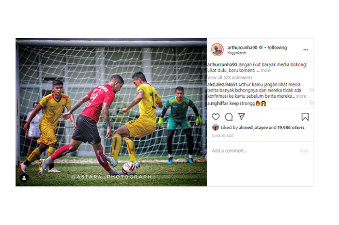 Unggahan Instagram Arthur Cunha terkait tekel horor yang diterimanya saat membela Persipura Jayapura melawan Sriwijaya FC pada laga uji coba jelang Liga 1 2020