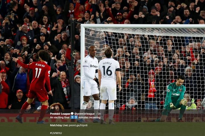 Selebrasi Mohamed Salah setelah mencetak gol pada laga Liverpool Vs West Ham United, Selasa (25/2/2020)