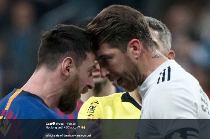 Lionel Messi (kiri) dan Sergio Ramos (kanan) sedang berseteru ketika laga El Clasico