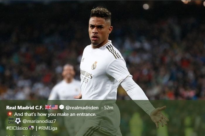 Penyerang Real Madrid, Mariano Diaz, melakukan selebrasi seusai menjebol gawang Barcelona  dalam laga Minggu (1/3/2020).