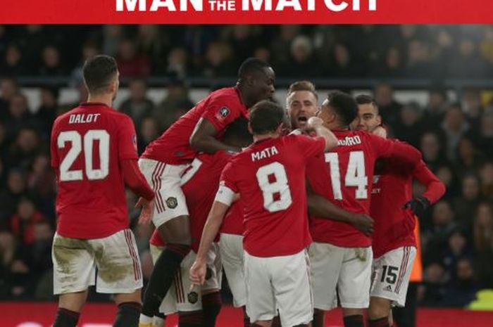 Para pemain Manchester United merayakan gol yang dicetak ke gawang Derby County dalam laga babak 16 besar Piala FA di Stadion Pride Park, Kamis (5/3/2020).