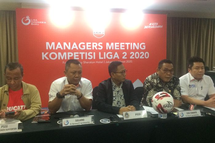 PT Liga Indonesia Baru (LIB) menggelar sesi jumpa pers setelah manajer meeting Liga 2 2020 di Hotel Four Points, Sudirman, Jakarta Pusat, Jumat (6/3/2020)