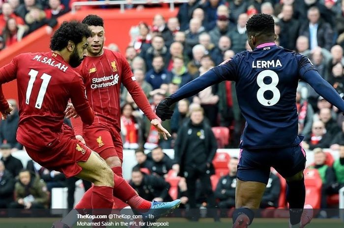 Mohamed Salah mencetak gol penyeimbang bagi Liverpool pada pertandingan melawan Bournemouth di Stadion Anfield, Sabtu (7/3/2020).