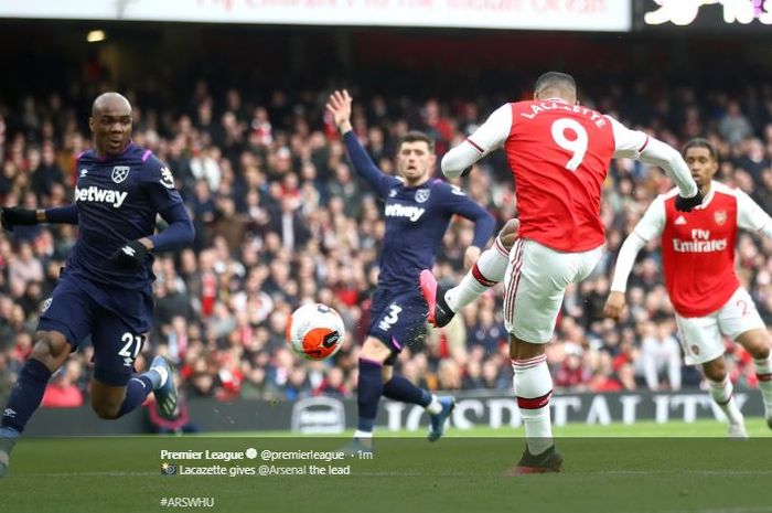 Alexandre Lacazette mencetak gol kemenangan atas West Ham pada pekan ke-29 Liga Inggris, Sabtu (7/3/2020).