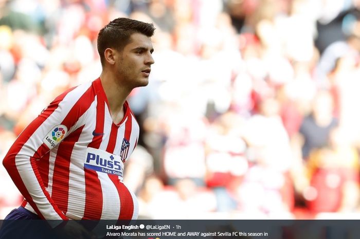 Striker Atletico Madrid, Alvaro Morata, melakukan selebrasi ke gawang Sevilla usai mencetak gol lewat penalti di Stadion Wanda Metropolitano, Sabtu (7/3/2020).