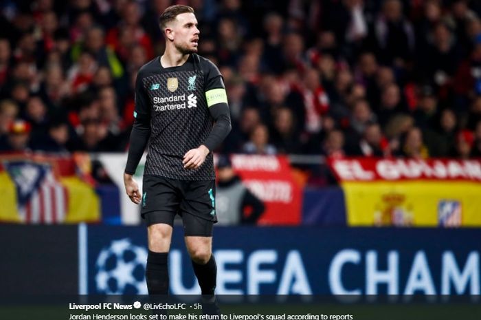 Kapten Liverpool, Jordan Henderson, dilaporkan bakal memperkuat tim kala menjamu Atletico Madrid pada leg kedua babak 16 besar Liga Champions di Stadion Anfield, Rabu (18/3/2020).