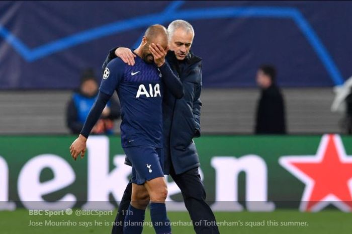 Pelatih Tottenham Hotspur, Jose Mourinho (Kanan) sedang menenangkan Lucar Moura yang terpukul setelah kalah dari RB Leipzig di laga leg kedua 16 besar Liga Champions 2019-2020.