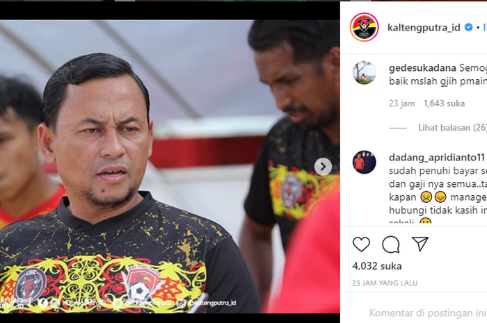 komentar  i gede sukadana dalam laman resmi instagram Kalteng Putra