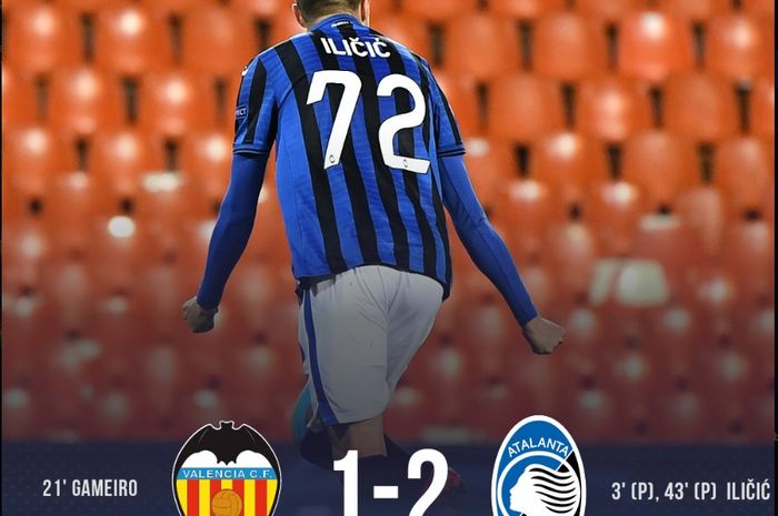 Atalanta sementara unggul 2-1 atas Valencia pada babak pertama leg kedua babak 16 besar Liga Champions, Selasa (10/3/2020).