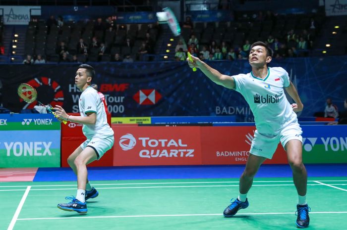 Pasangan ganda putra Indonesia, Fajar Alfian/Muhammad Rian Ardianto, pada babak pertama All England Open 2020 di Arena Birmingham, Inggris, Rabu (11/3/2020).