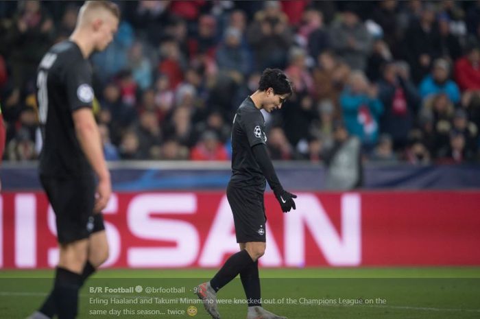 Erling Haaland (Kiri) dan Takumi Minamino  menjadi pemain pertama yang tersingkir dari ajang Liga Champions sebanyak dua kali dalam satu musim