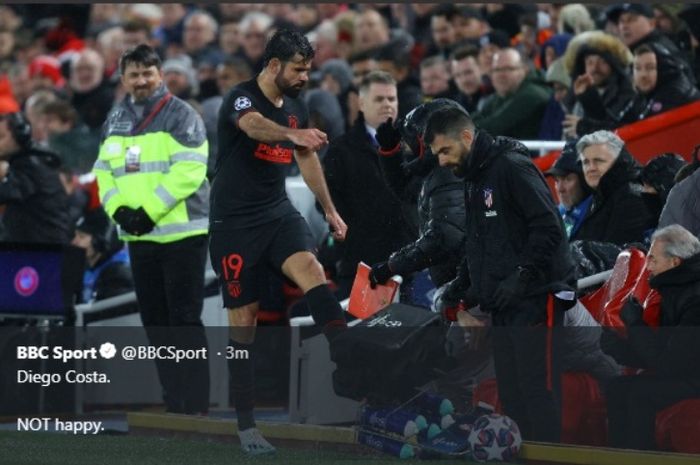 Striker Atletico Madrid, Diego Costa, mengamuk dalam laga kontra Liverpool di Anfield, Rabu (11/3/2020).