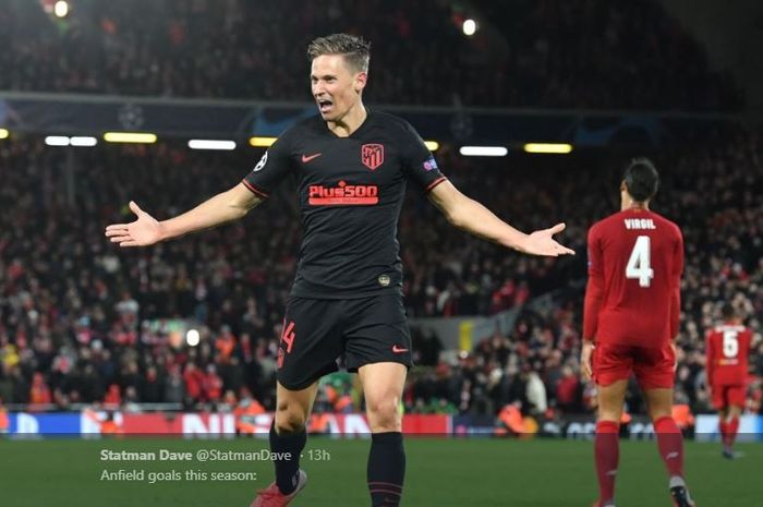 Selebsrasi gelandang Atletico Madrid, Marcos Llorente, tak lama setelah mencetak gol ke  gawang Liverpool pada laga leg kedua babk 16 besar Liga Champions 2019-2020, Kamis (12/3/2020).