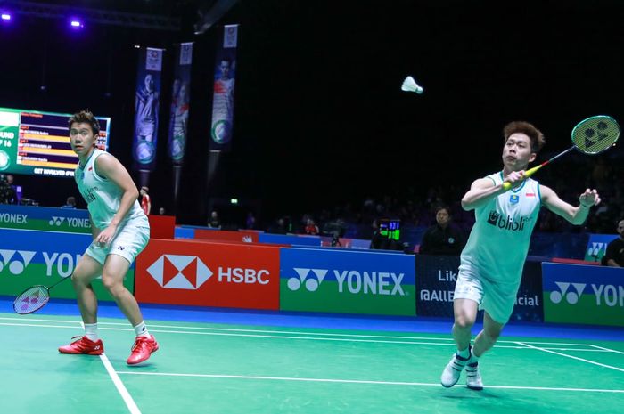 Pasangan ganda putra Indonesia, Marcus Fernaldi Gideon/Kevin Sanjaya Sukamuljo, pada babak kedua All England Open 2020 di Arena Birmingham, Inggris, Rabu (12/3/2020).