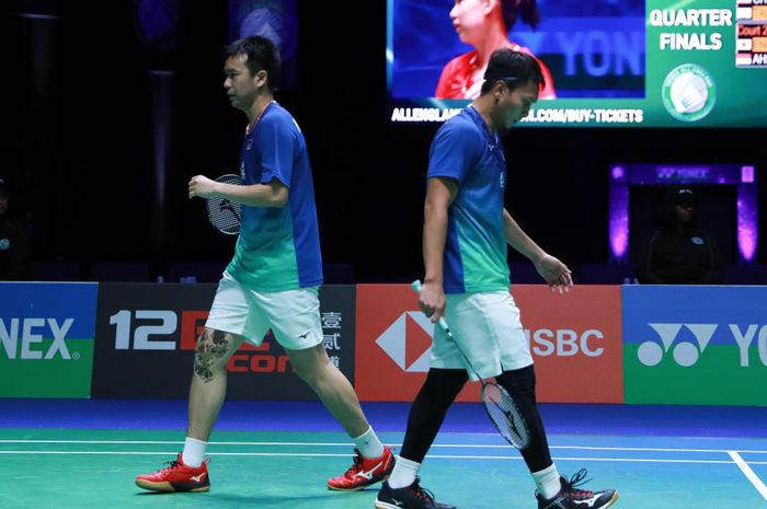 Pasangan gaanda putra Indonesia, Mohammad Ahsan/Hendra Setiawan, pada perempat final All England Open 2020 di Arena Birmingham, Inggris, Jumat (14/3/2020).