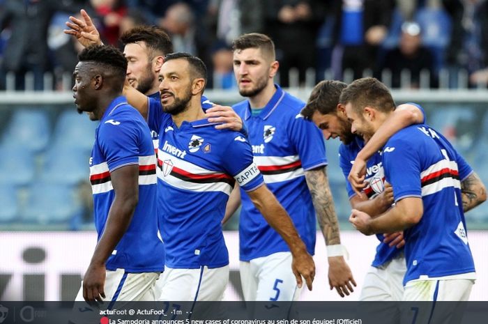 Selebrasi para pemain Sampdoria pada sebuah laga di Liga Italia musim 2019-2020.