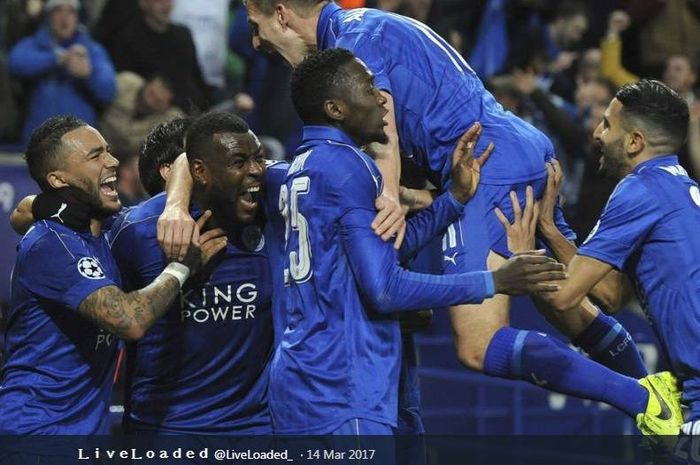 Pemain Leicester City bersuka cita setelah membobol gawang Sevilla pada leg 2 babak 16 besar Liga Champions di Stadion King Power, 14 Maret 2017.