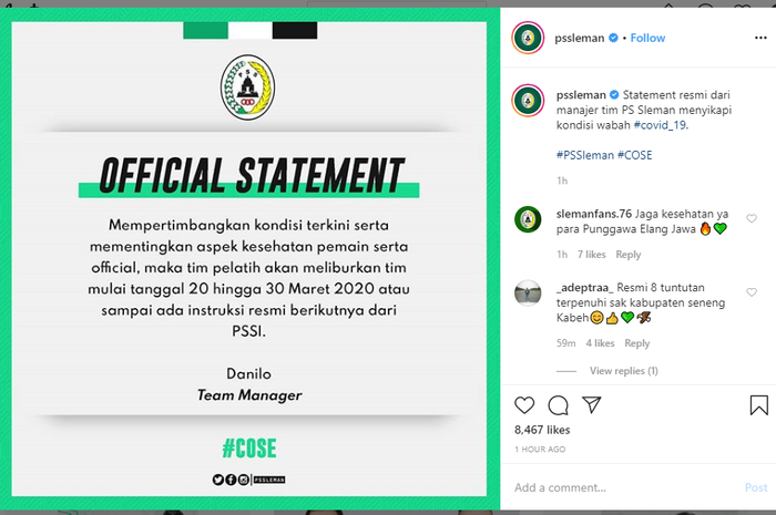 Pernyataan resmi PSS Sleman terkait pandemik virus corona, Kamis (19/3/2020).