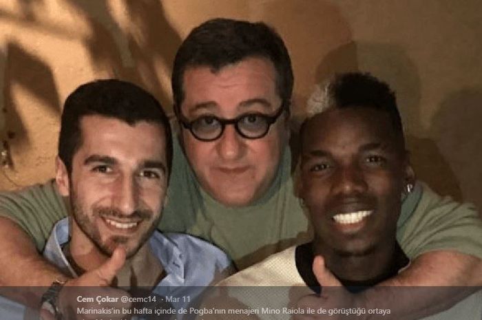 Agen pemain sepak bola super, Mino Raiola (Tengah) bersama dua kliennya, Paul Pogba (Kanan) dan Henrikh Mkhitaryan (Kiri).