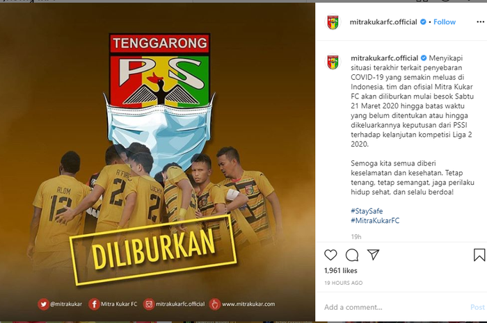 Mitra Kukar meliburkan aktivitas tim demi menghindari pandemik virus corona.