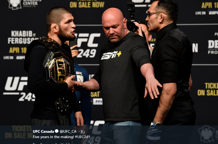 Khabib Nurmagomedov (kiri), Dana White (tengah), dan Tony Ferguson (kanan) saat melakoni staredown jelang beradu kuat di dalam octagon pada Sabtu (19/4/2020) atau Minggu WIB mendatang. 