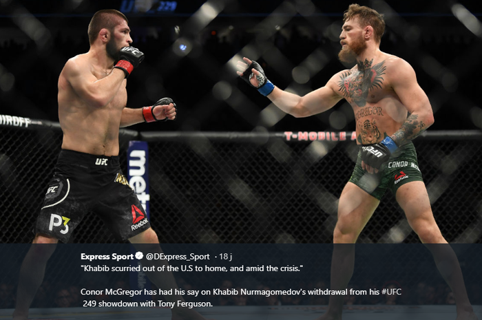 Khabib Nurmagomedov (kanan) dan Conor McGregor (kiri) saat keduanya saling berhadapan dalam ajang UFC 229 di T-Mobile Arena, Las Vegas, Nevada, AS, Oktober 2018.