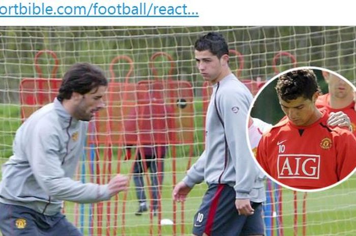 Ruud van Nistelrooy dan Cristiano Ronaldo menjalani latihan bersama saat masih berseragam Manchester United.