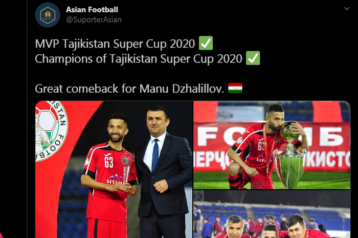 Manuchekhr Dzhalilov raih gelar penghagaan pemain terbaik di Tajikistas super cup 2020