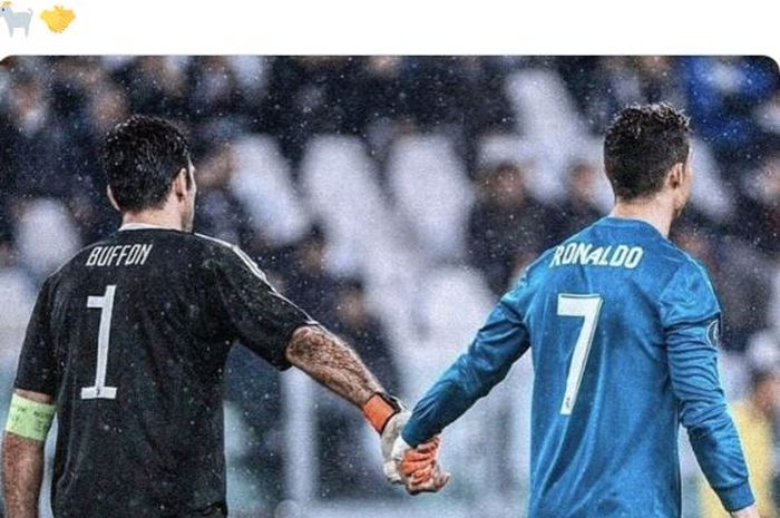 Gianluigi Buffon dan Cristiano Ronaldo berpegangan tangan seusai laga leg pertama perempat final Liga Champions antara Juventus dan Real Madrid di Stadion Allianz, 3 April 2018.