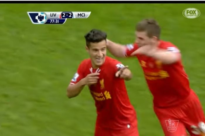 Philippe Coutinho merayakan gol dalam laga Liverpool vs Manchester City, 13 April 2014.