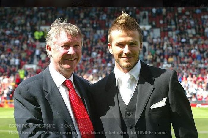 David Beckham (kanan) dan Sir Alex Ferguson, dua mantan tokoh sentral di Manchester United.